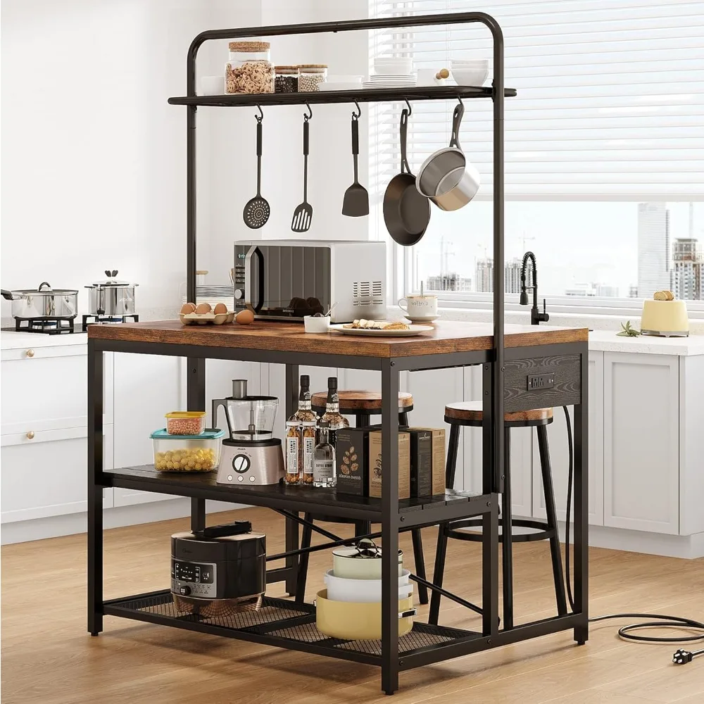 

46" Large Kitchen Island Table Baker Rack with Power Outlet and 3-Tier Storage-Microwave Stand Oven Shelf, Metal Coffee Bar Tabl