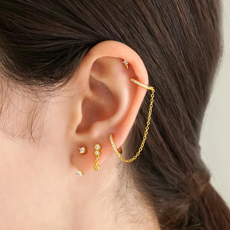 1pc 925 Sterling Silver Needle Hoop Earrings Double Circle Cubic Zirconia Tassel Chain Cartilage Earring Piercing Luxury Jewelry