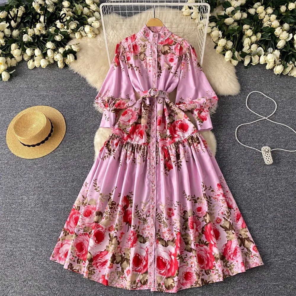 

Neploe Sweet Women Stand Collar Lantern Sleeve Print Femme Robe Single Breasted Big Swing New Fresh Dress Big Swing Slim Mujer