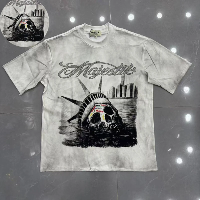 Majestik Tee Vintage Washed Skull Statue Graphic T-shirt Rhinestone Letter Oversized Streetwear Tee