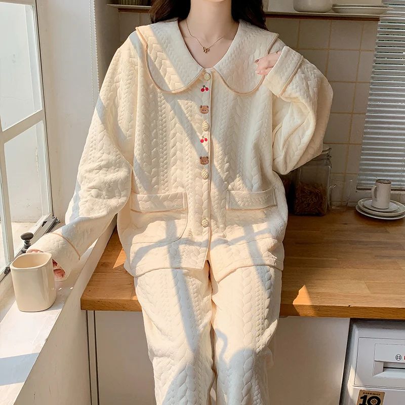 

Pajama Sets Wedding Women Buttoned Scoop Neck Fancy Beige Thermal Short Pants Loungewear Girlfriend Cotton Like Charming Quilted