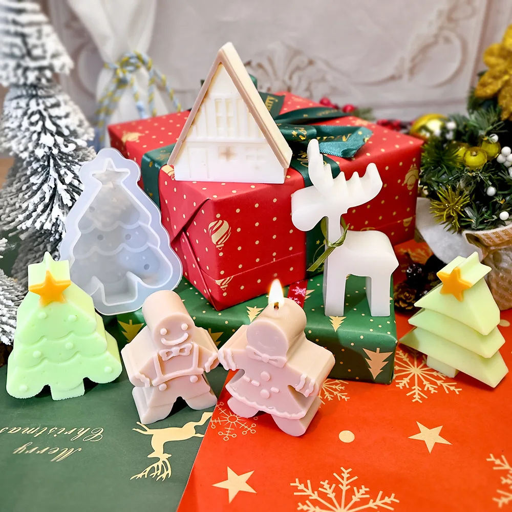 3D Elk Silicone Mold DIY Christmas Decoration Ornament Gingerbread Chimney House Candle Mould 2024 DIY Xmas Silicone Crafts Mold