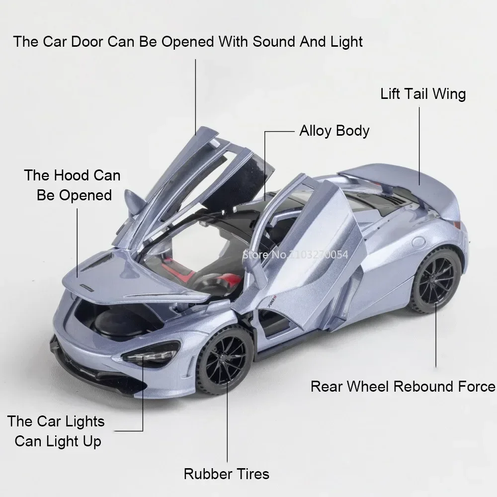 1:32 765LT 720S Alloy Diecast Car Miniature Model Toys Rubber Tires Doors Opened Sound Light Pull Back Vehice Ornaments Boy Gift