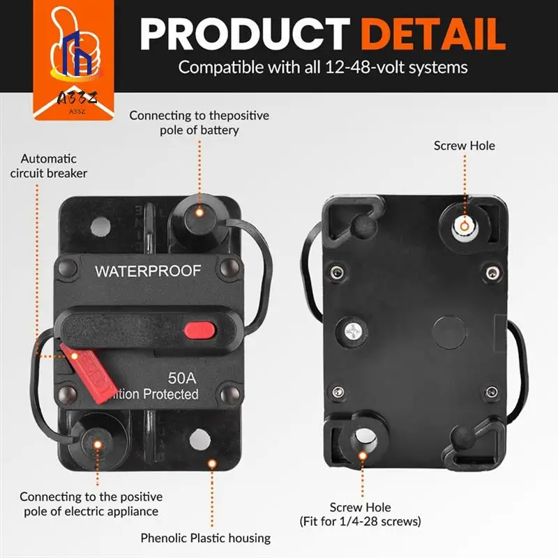 

A33Z-50 Amp Automotive Circuit Breaker With Manual Reset, Waterproof Fuse Holder For Trolling Motors, Boats And Automotive