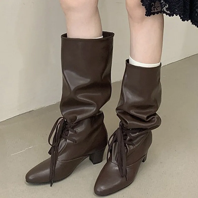 Eilyken Fashion Winter Knee-High Boots Woman Round Toe Square Heels Shoes Designer Lace-up Long Modern Ladies Booties image 5
