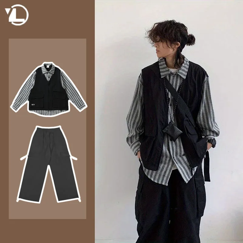 Frühling neue japanische Set Herren gefälschte zweiteilige gestreifte Werkzeug hemden lässige Hose mit weitem Bein 2-teiliges Set College Retro Anzug Unisex