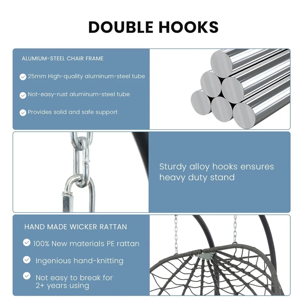 Sillón Doble Tipo Huevo con Soporte, Hamaca Columpio para Interiores y Exteriores, Silla de Mimbre con Cesta Plegable y Gruesa, Personalizable