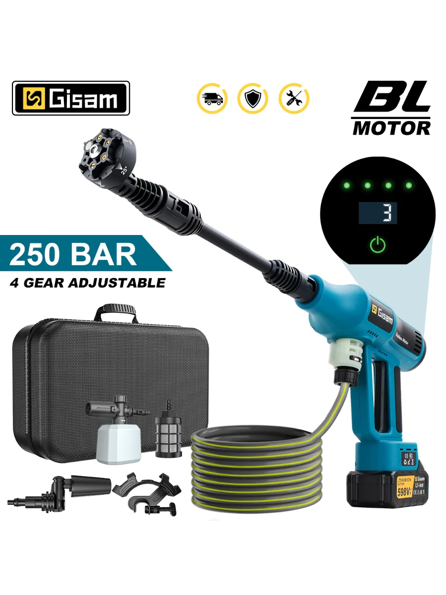 GΣ 250 Bar bürstenlose Hochdruck-Autowaschpistole, 4 Gänge, elektrische Gartenwaschwasserspritzpistole für Makita 18 V Batterie-Pin