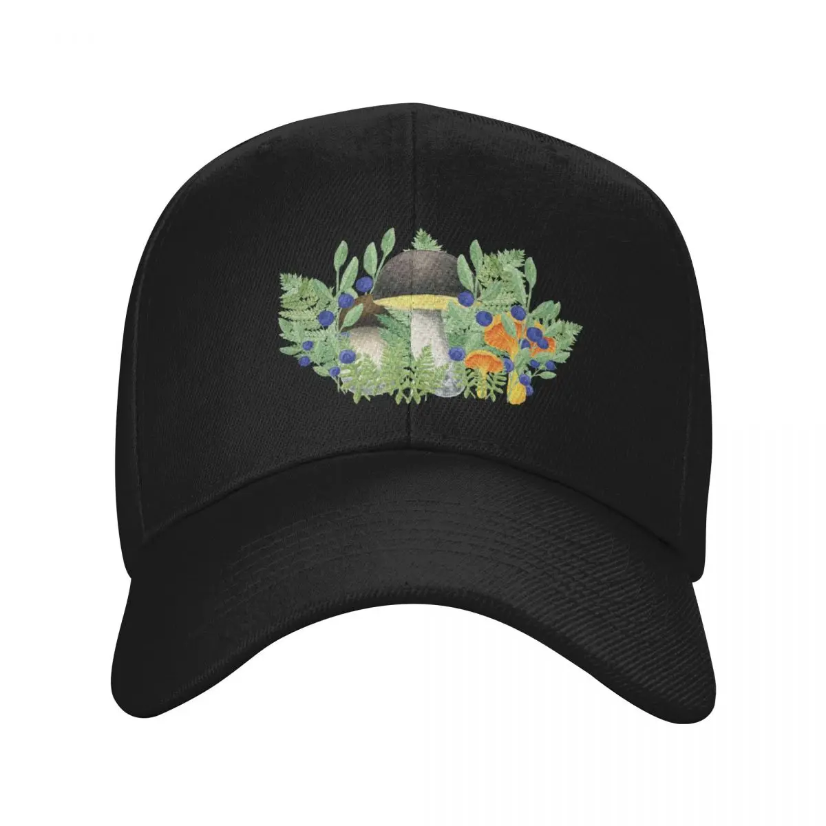 Watercolor Forest Mushrooms Autumn Pattern Black Background Baseball Cap Rave Brand Man cap Men's Women's