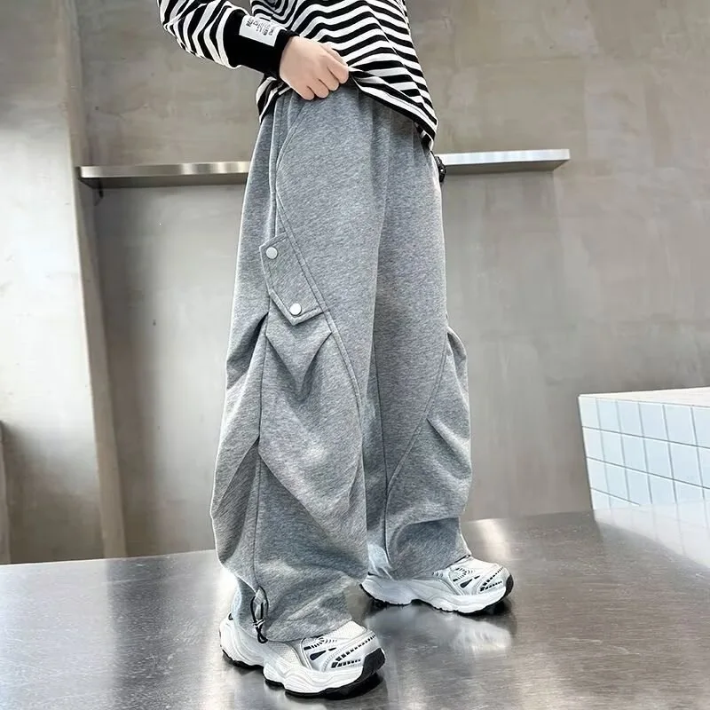 Autumn 4-14Yrs Kids Boys Pants 2026 UNITIM Children Boys Solid Wide Leg Pants Loose Elastic Waist Young Teens Boys Sports Pants