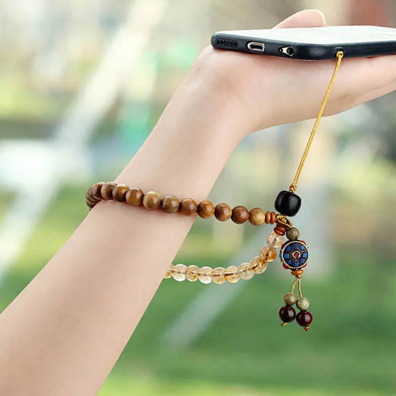 DIY accessories Chinese style sandalwood crystal mobile phone chain pendant women's mobile phone lanyard high-end creative anti-