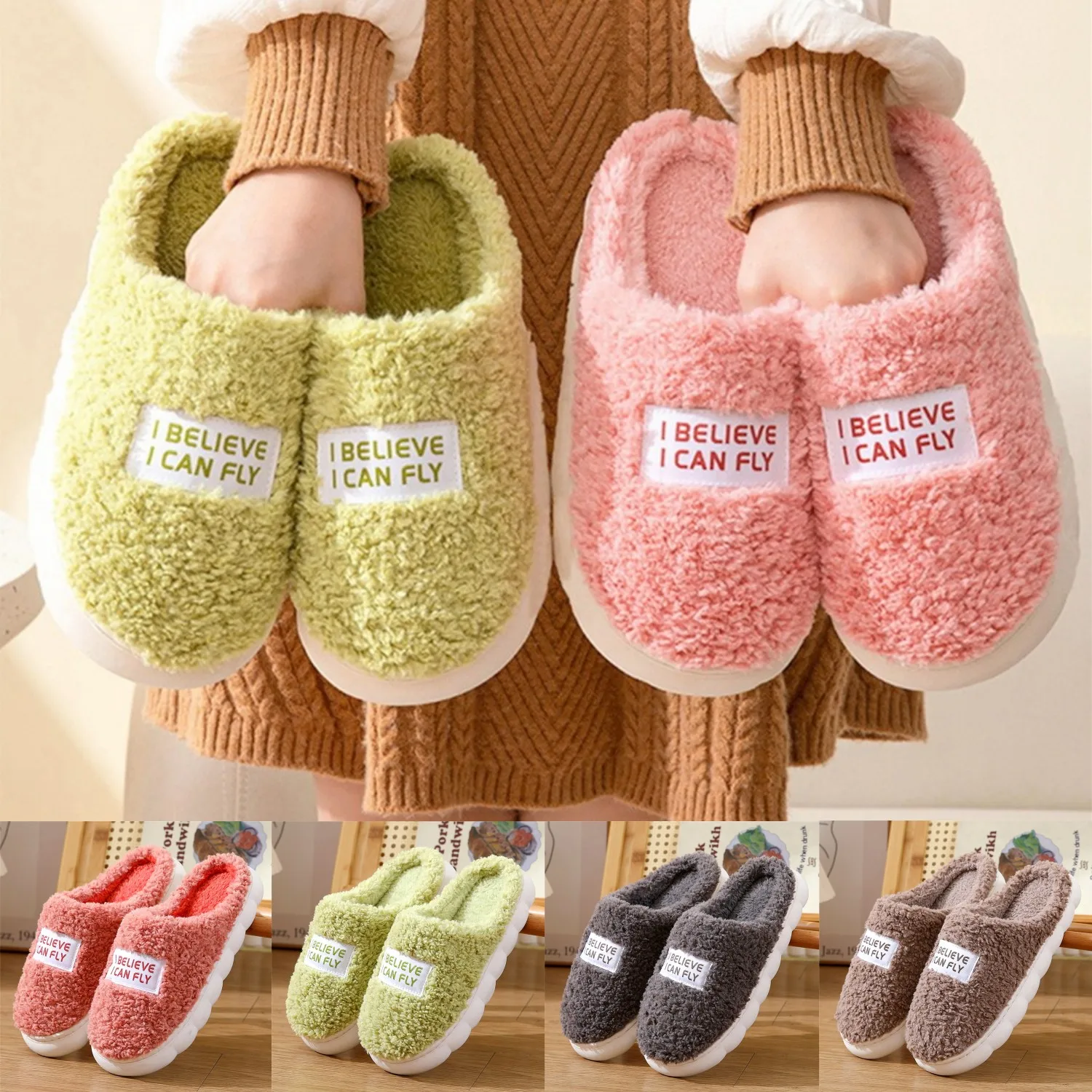 Women Winter Warm Home Slippers Men Indoor Outside Thicken Slides Plush High Heels Fur Cotton Shoes Ladies Soft Couples Slipper