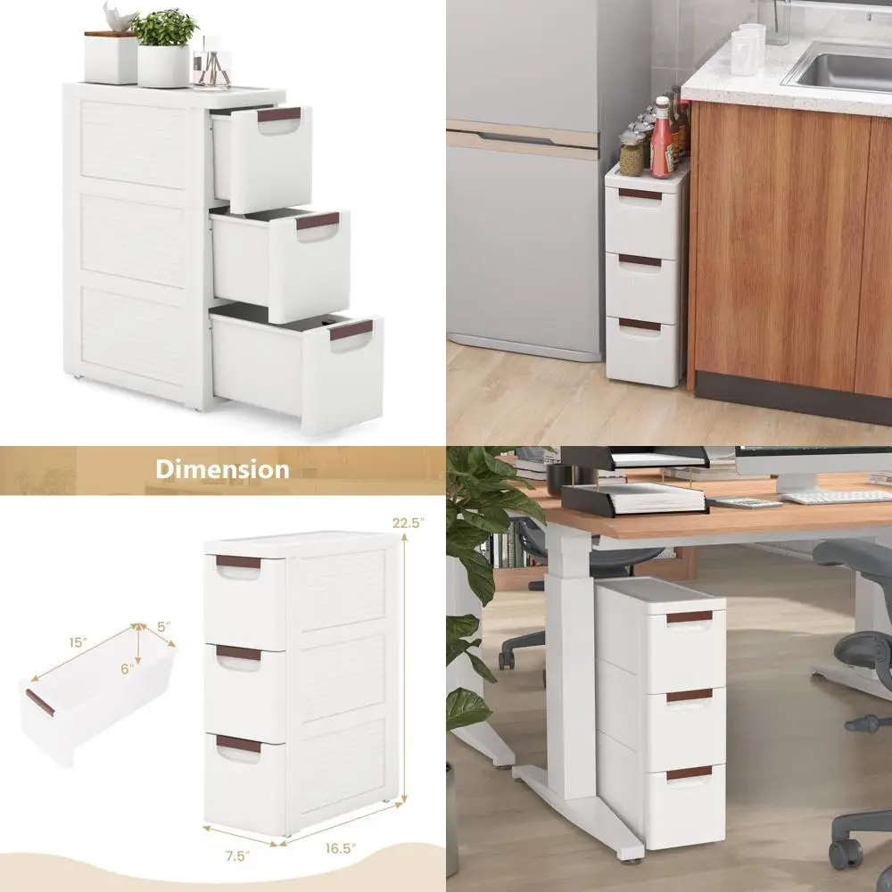 Carro de almacenamiento con ruedas estrecho de 3 cajones, gabinete móvil de plástico delgado con tiradores y ruedas integradas, ideal para espacios grandes