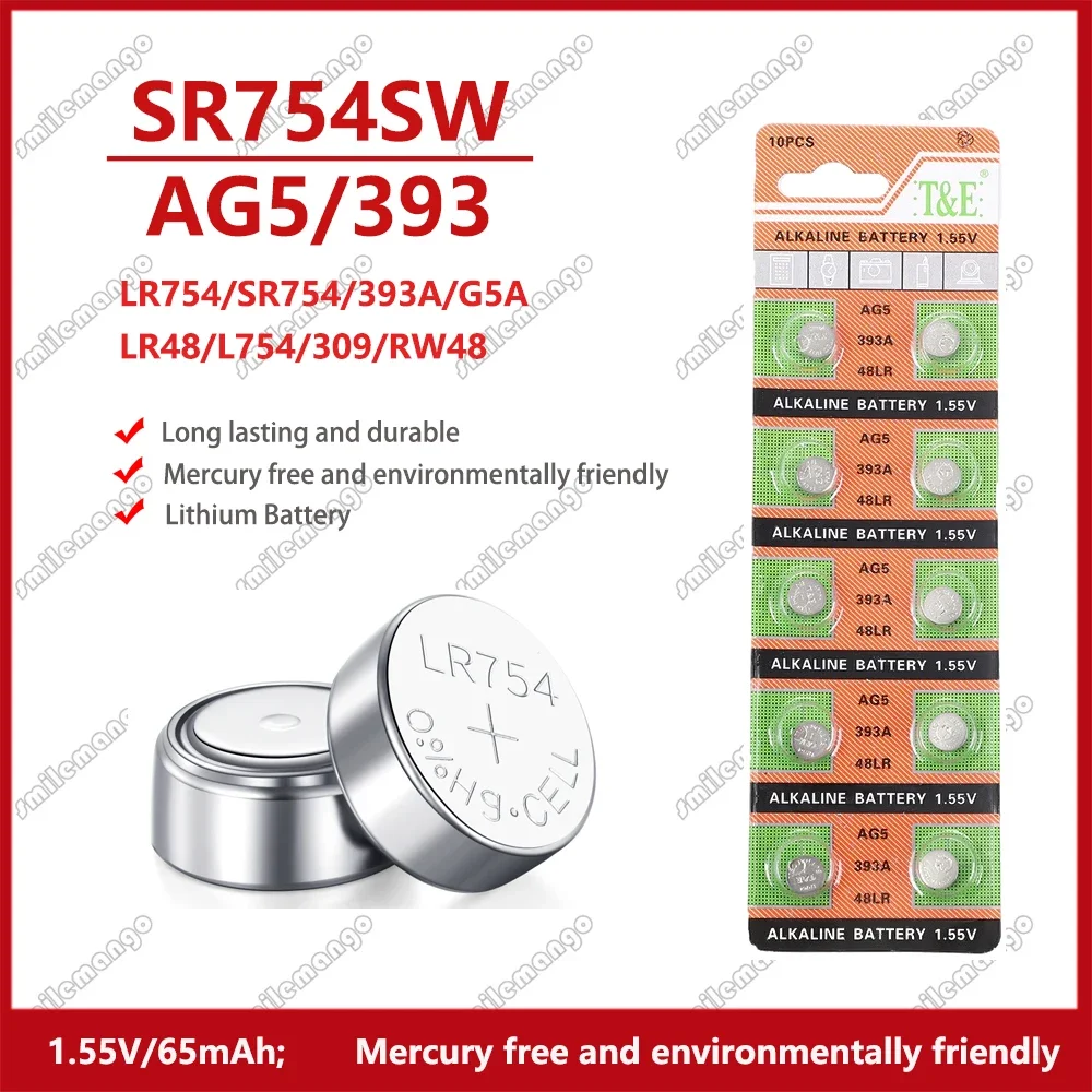 アルカリ時計電池,丸型電池,1.55v,ag5,lr754,193, 393,l754,sr754sw,lr48,2-50個