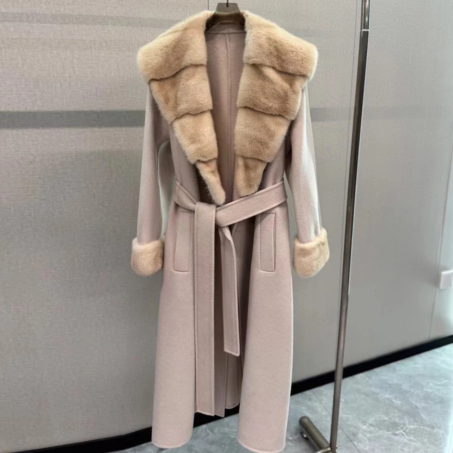 مزيج الصوف سترة مطابقة حزام المرأة معطف الصوف الفاخرة المرأة نمط جديد معطف من قماش الكشمير النساء