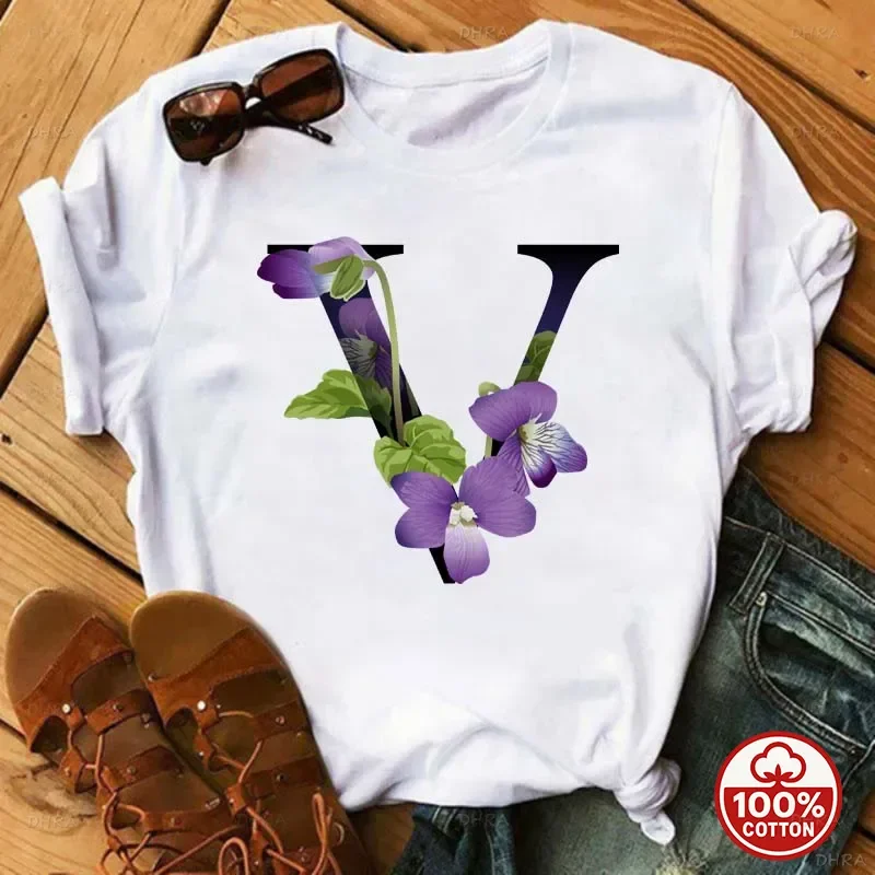 Floral Initial Letter T-Shirt Monogram A-Z Flower Graphic Top