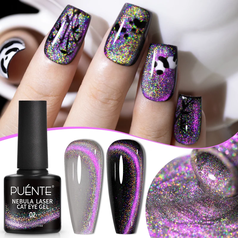 

PUENTE 7.5ML Sparkling Pinkish Purple Laser Cat Magnetic Gel Nail Polish Holographic Rainbow Effect Soak Off UV Nail Art Varnish