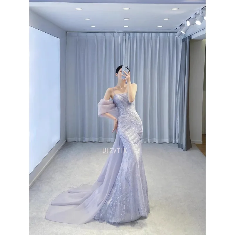 2025 New Sequin Mermaid Prom Gown Women Blue Long Evening Party Dress with Big Bow Elegant Tulle Train Wedding Dress Bride Gowns