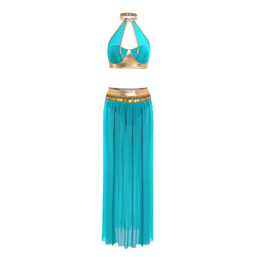 Imagen 2 del producto Conjuntos de danza del vientre para mujer, Top corto con falda dividida y borla de lentejuelas, conjunto de baile empalmado metálico para Halloween