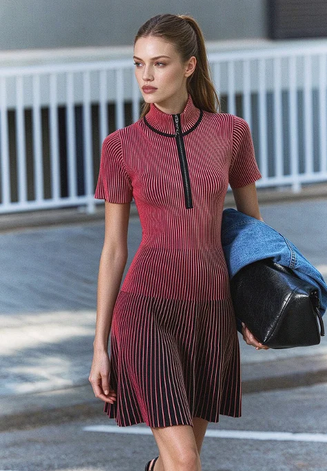 2026 New Spain Original Red Black Gradient Vertical Pit Strip Half Stand Collar Hundred Fold Slimming Dress