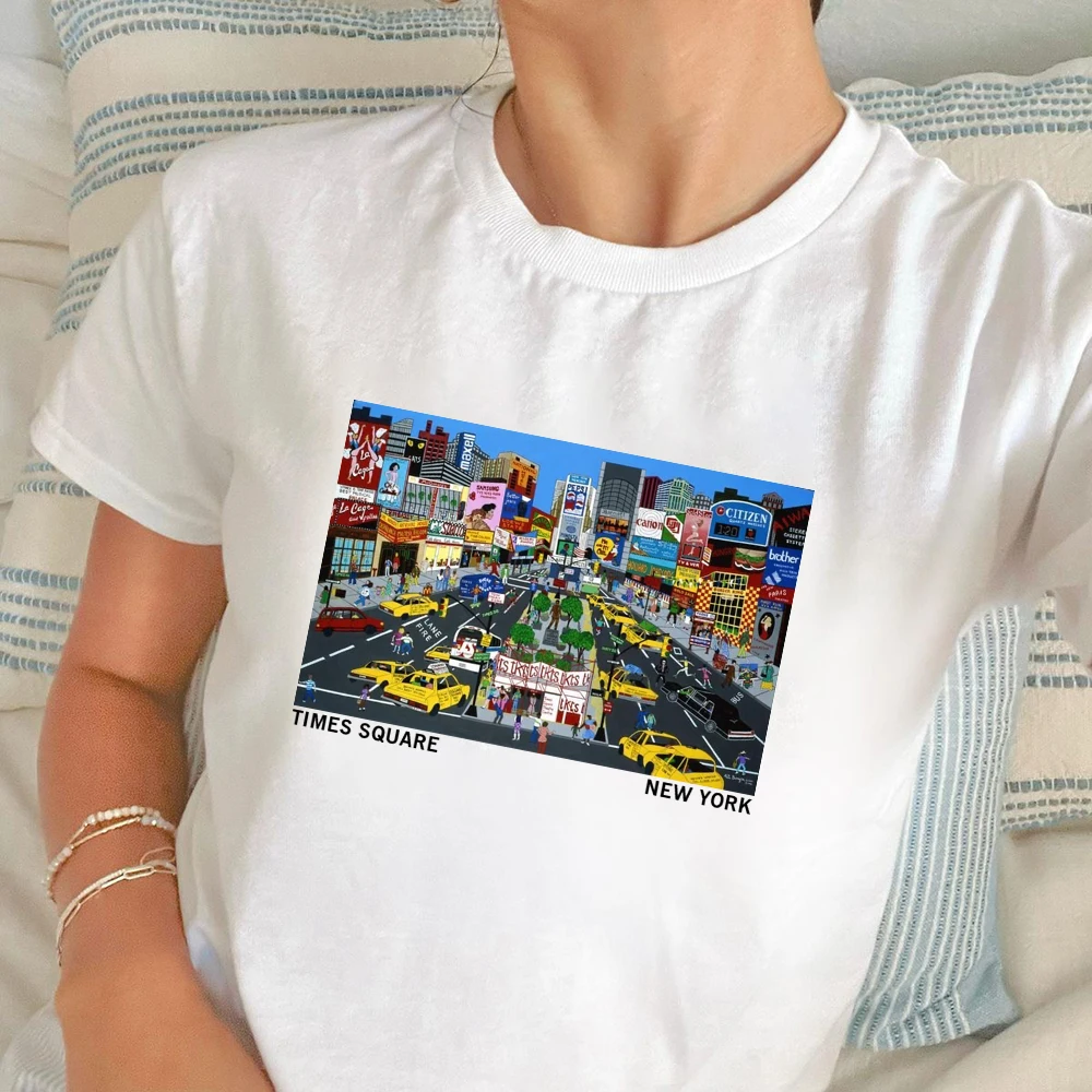Camiseta gráfica Time Square de Nueva York, moda de verano, camiseta informal divertida de cultura nacional para mujer, camiseta de manga corta