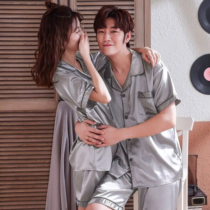 Women\'s Pajamas Silk Summer Solid Short Sleeves Two-piece Suit V-neck Casual Loose Couple Pajamas Live at Home Sleepwear