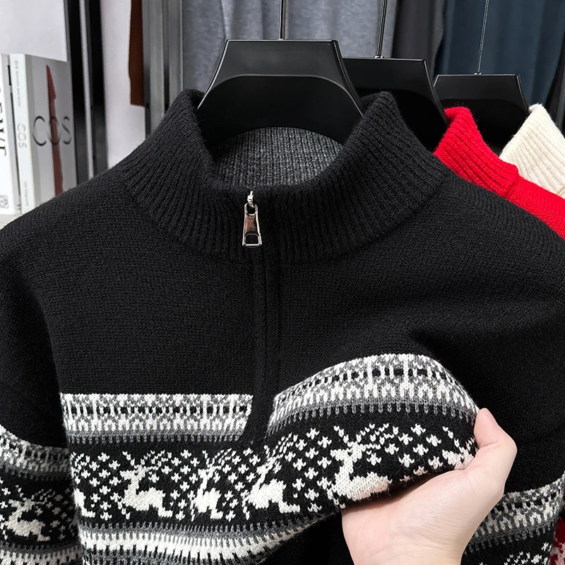 Luxury Brand Man Long-Sleeved Knitwear Thicken Mock Neck Zipper Cable Stitch Non-deforming Winter New Pullover Leisure Mens Wear
