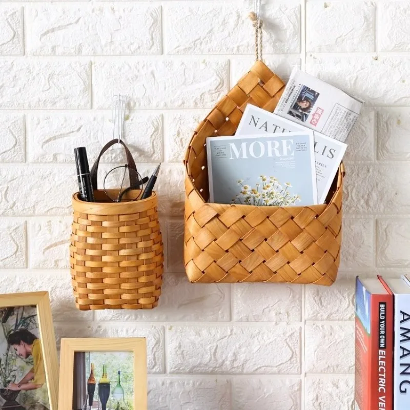 2pcs/set Household Hand Woven Storage Basket Wall Hanging Organizer Wood Multipurpose Desk Decor Home Decorative Shelf