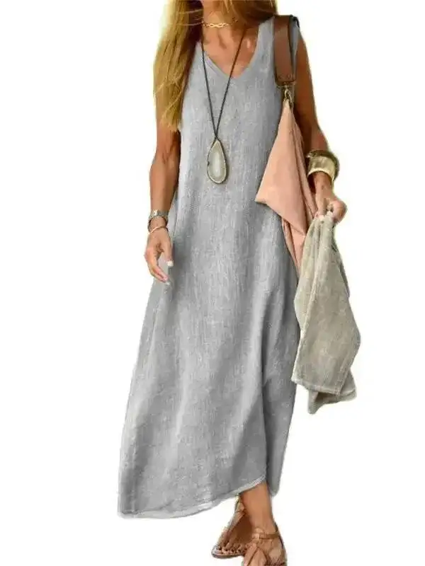 Women V Neck Pullover Cotton Linen Dresses Solid Loose Waist Dress Female Summer Daily Comfortable Casual Sleeveless Gown 22WU