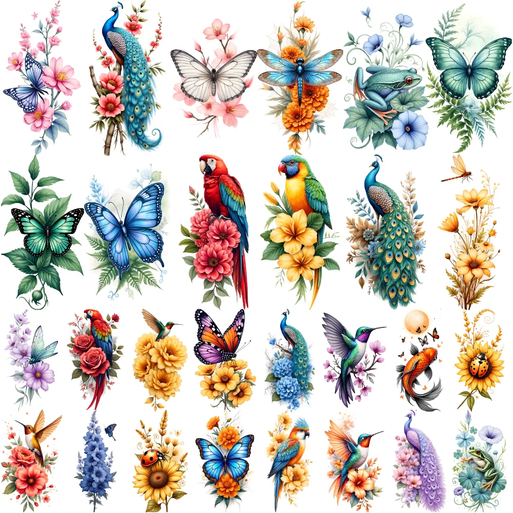 

28pcs Sunflower Temporary Tattoo Stickers Peacock Bird With Flowers Colorful Hummingbird Disposable Arm Legs Tattoos Sticker