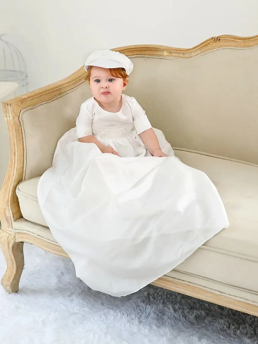 Solid Girl&Boy long Dresses Christening Baby Baptism Clothes with Hat 0-2 Years