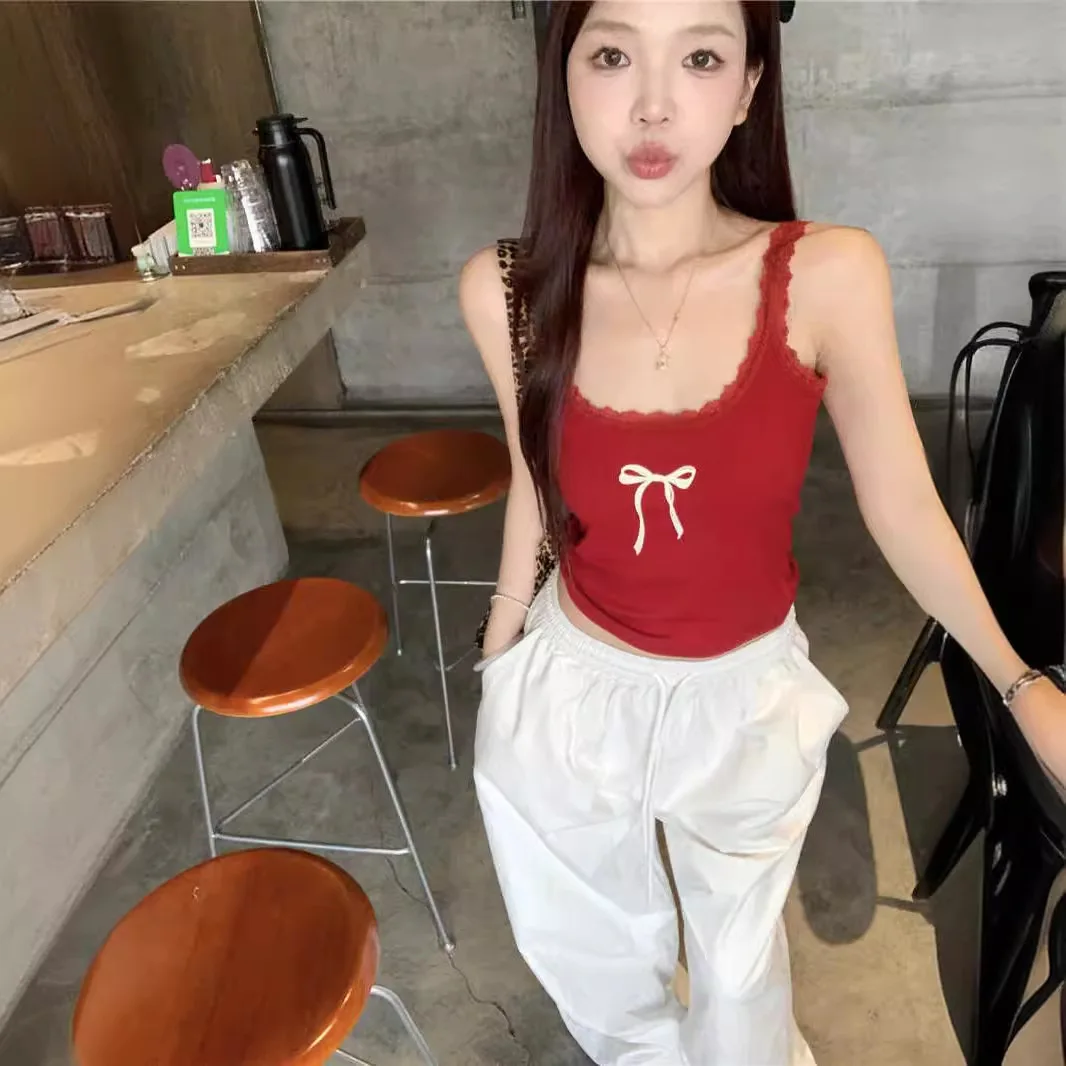 Y2K Goth Kwaii K-fashion Bow Stampa Canotta Donna Sexy Rosso Canotta corta Slim Vintage Tees Maglietta Kpop Canotte Donna Abbigliamento