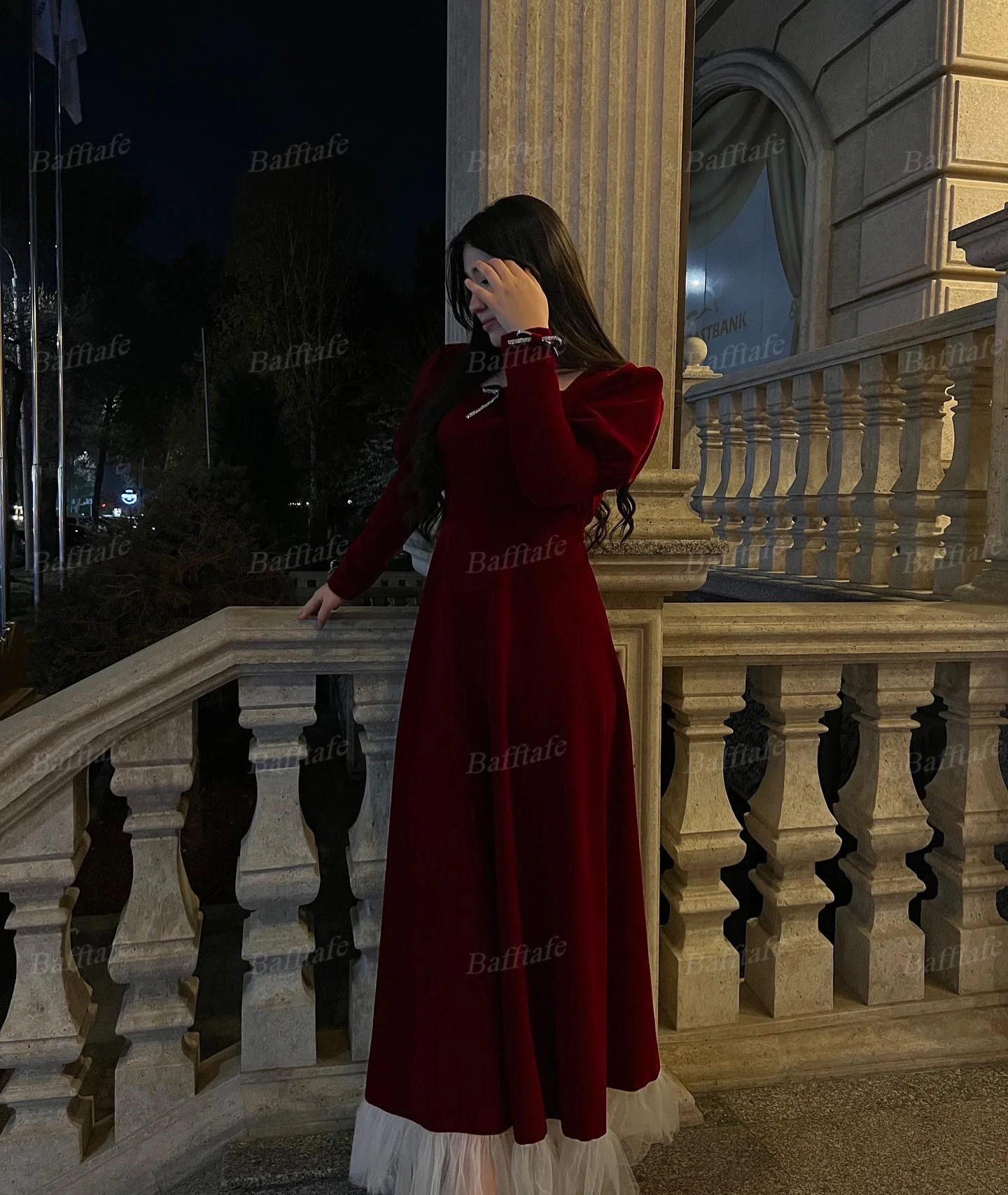 Bafftafe-Robe de Soirée Trapèze en Velours Bordeaux, Tenue de Bal à Manches sulf, Longueur de Rincage, Col Carré, pour Occasions Spéciales