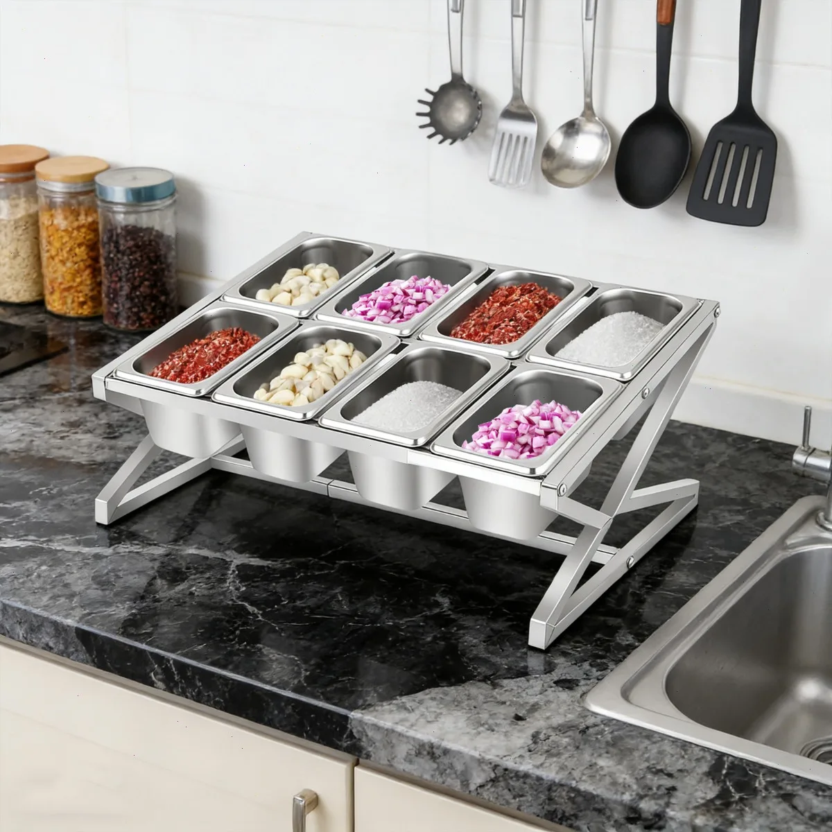 8 Grid Spice Rack, Double Layer, Triangle Stainless Steel Shelf, Heavy Duty Organizer, Kitchen Seasoning Storage, Durable Corrosion Proof, Stable for Fruit Vegetable Container