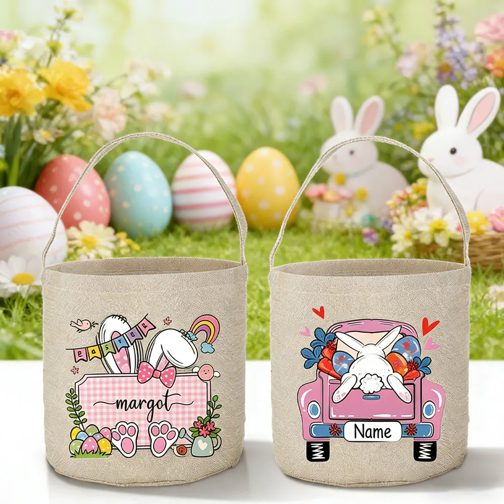 

Персонализированная корзина с пасхальным кроликом для детей, с именем и инициалами, ведерко для пасхальных яиц, отлично подходит для украшения пасхальных вечеринок, сумки для малышей