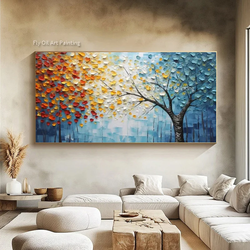 

Blue White Flowers Knife Thick Oil Painting On Canvas Large Abstract Handmade Blue Yellow Tree Florals Wall Art Decor For Room