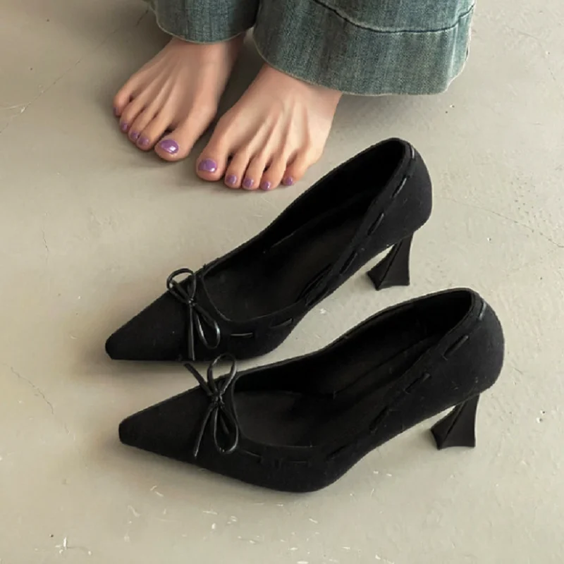

Women's Fashion Pointed Toe Pumps Suede Bow Knot Chunky High Heels Shoes for Women Spring Autumn Solid Party Dress Shoes 2026