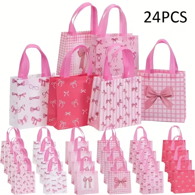 

24pcs Pink Bow Reusable Gift Tote Nonwoven Bag for Birthday Baby Shower Wedding Party Favors Kids Children's Day