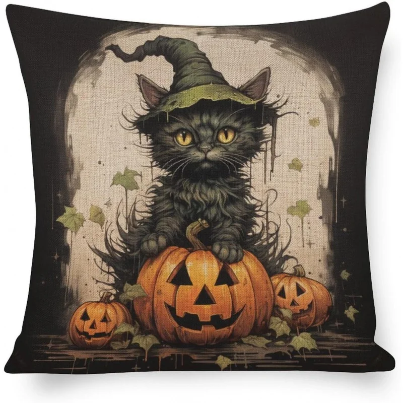 

Outdoor pillowcase autumn watercolor pumpkin with black cat cushion cover 16 "x16" retro Halloween decoration