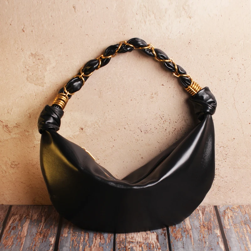 

Leather Half Moon Bags For Women Luxury Designer Handbag And Purse 2026 New In Cowhide Metal Ring Woven Handle Underarm Shoulder