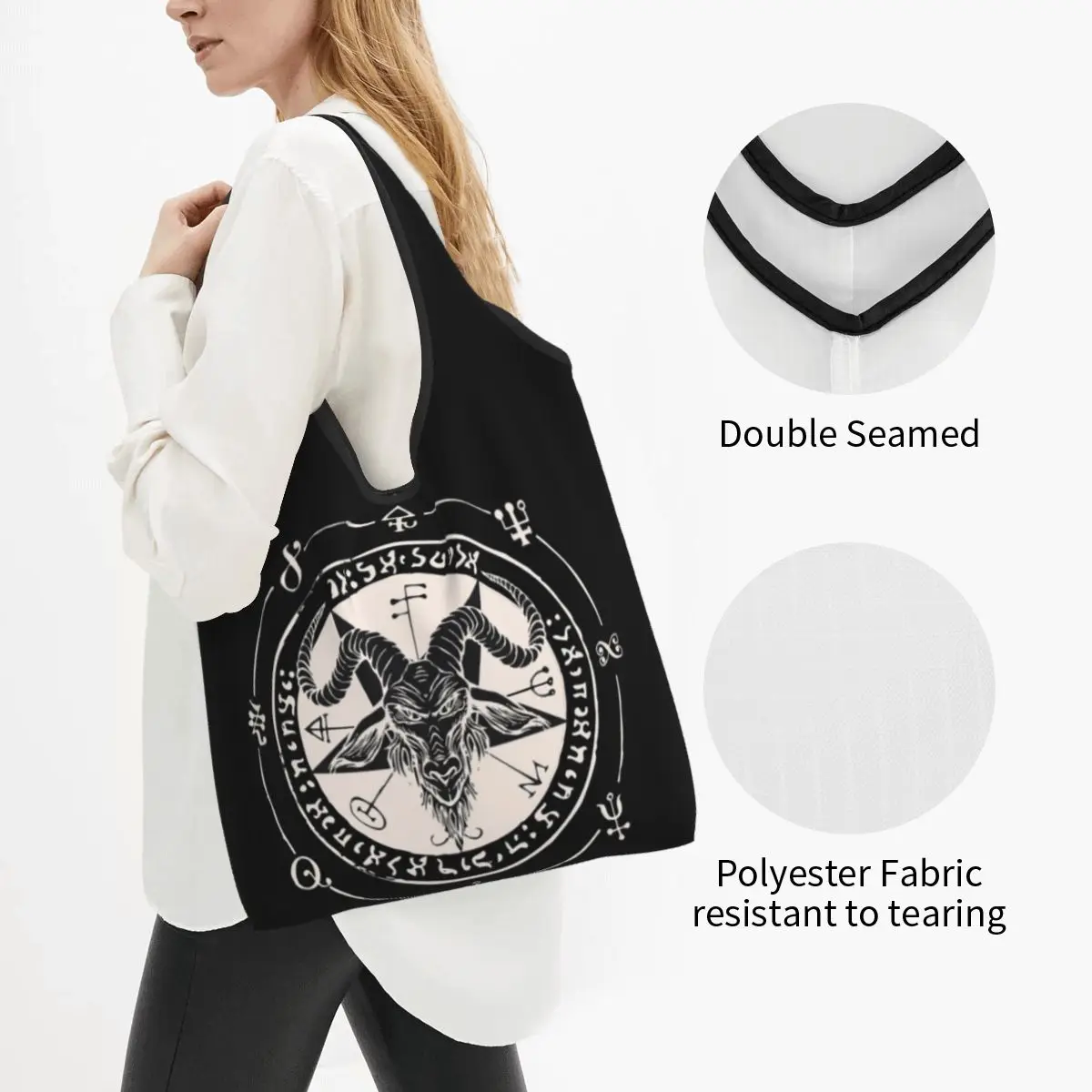 Sigil Baphomet Pentagram Occult Satanic Goat Head Lucifer Portable Tote Shopping Bags Shopper Bag Grocery Handbag Shoulder Bag