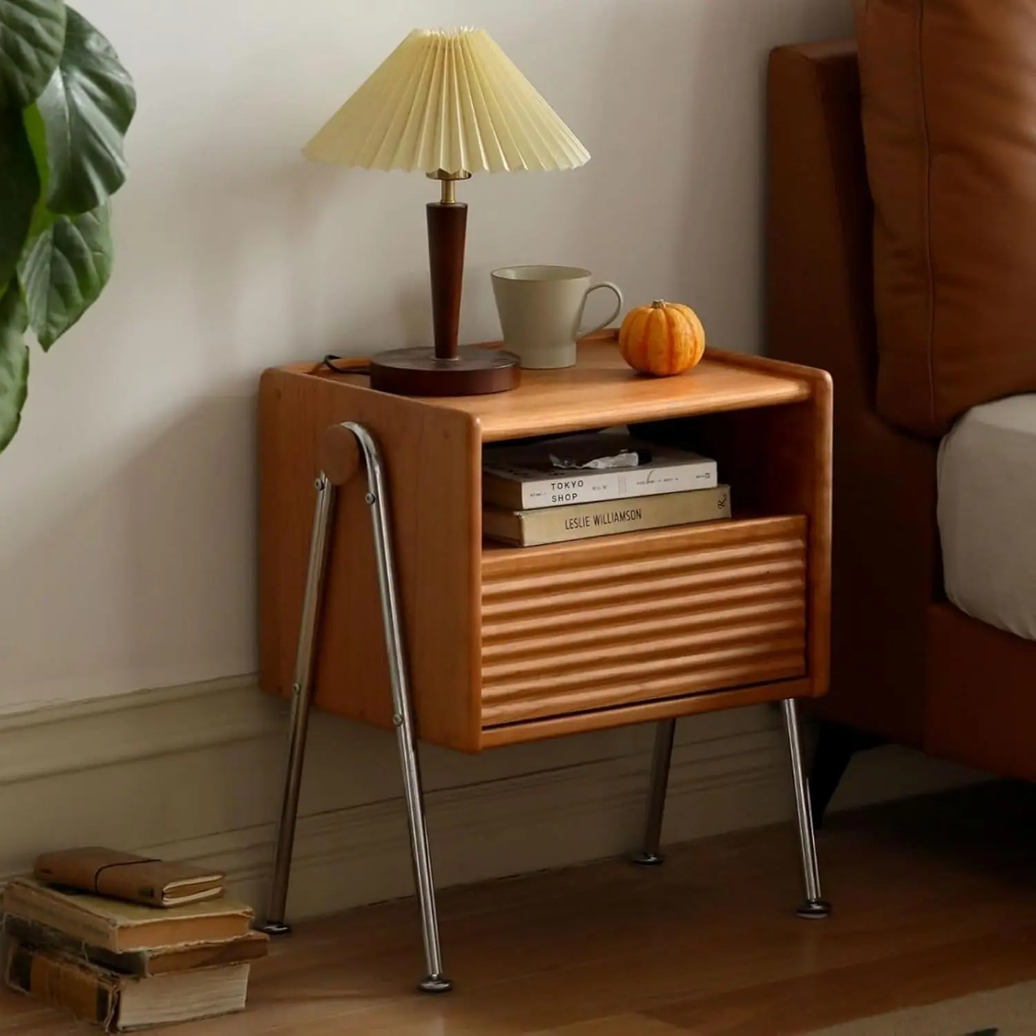 100% Solid Cherry Wood Nightstand, Mid Century Side Tables with Drawer & Storage, Fluted Night Stand with Adjustable Metal Legs