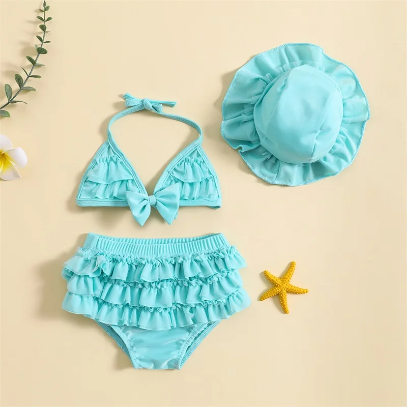 0-24M Fashion Summer Newborn Baby Girls Swimwear Bikini Set Cute Bow Droop Neck Tops+Layered Ruffles Shorts+Hat Beachwear