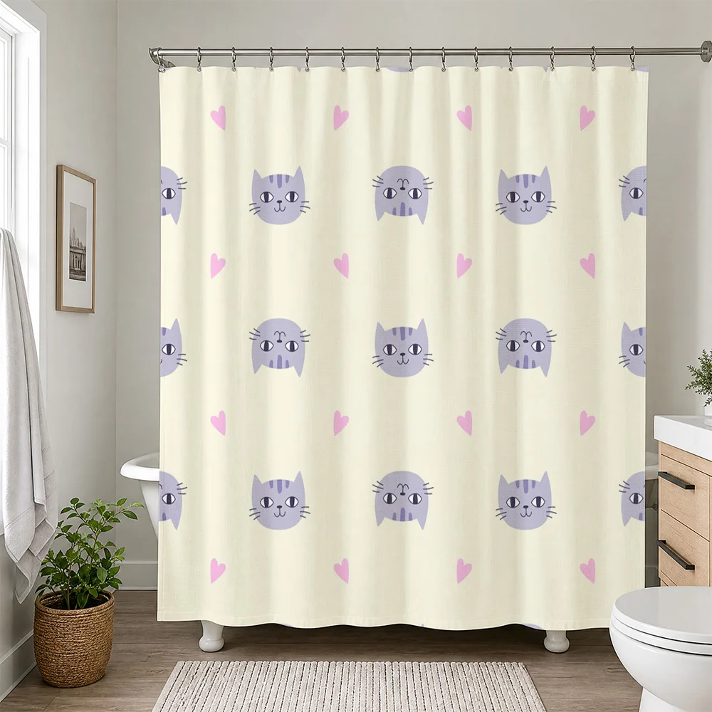 Cute Cat Print Shower Curtain Waterproof Bathroom Liner Novelty Kitten Decor Kids Shower Curtain for Master Bath