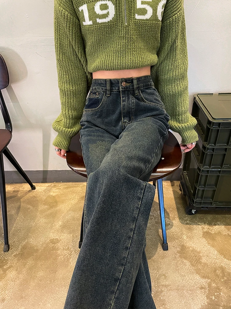 Hohe Taille, weites Bein, bestickte Denim-Jeans für Damen, Frühling und Herbst, 2024, neue, gerade geschnittene, bodenlange Hose, amerikanische Sle