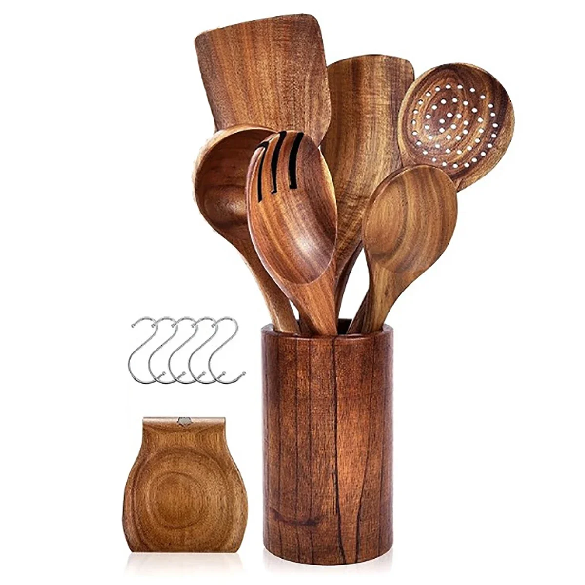 

8/9/10pcs Natural Wood Kitchenware Set, Skimmer Spoons, Salad Scoop, Non-Stick Rice Colander, Soup Cooking Utensils