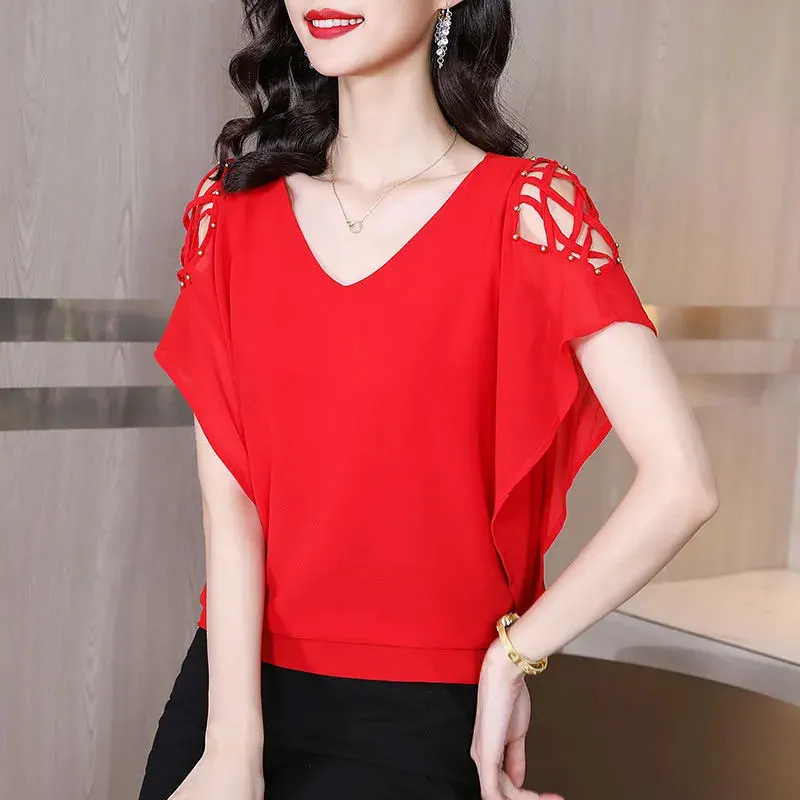 Korean Elegant Batwing Sleeve Chiffon Shirt Summer V-Neck Commute Solid Color Casual Female Clothing Loose Chic Beading Blouse