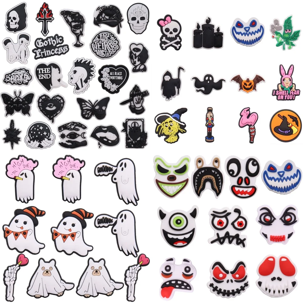 10-22PCS Skull Ghost Moth Heart Lips Candle Pumpkin Grimace PVC Shoe Charms Garden Shoes Button Decorations DIY Halloween Gift