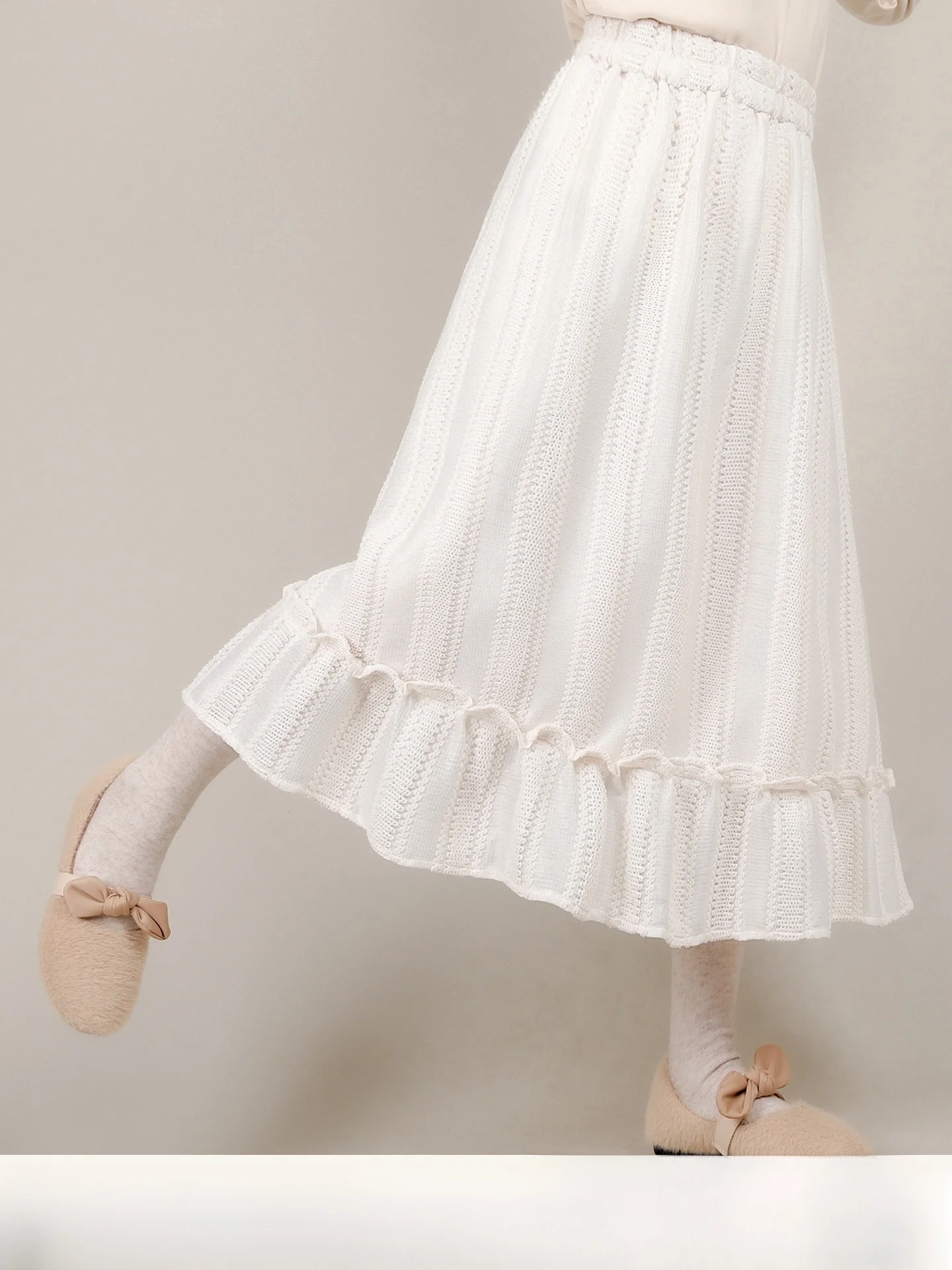 

Loose Elastic Waist f-length Skirt Women's Autumn Mid-length A-line Skirt Peach Color with Lace Design Sweet Sle