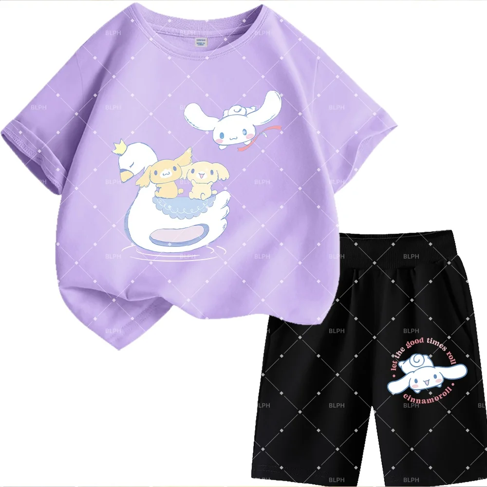 

Милый комплект детских футболок с принтом Sanrio Cinnamoroll, очаровательный мультяшный дизайн для детей, мягкая и удобная летняя одежда
